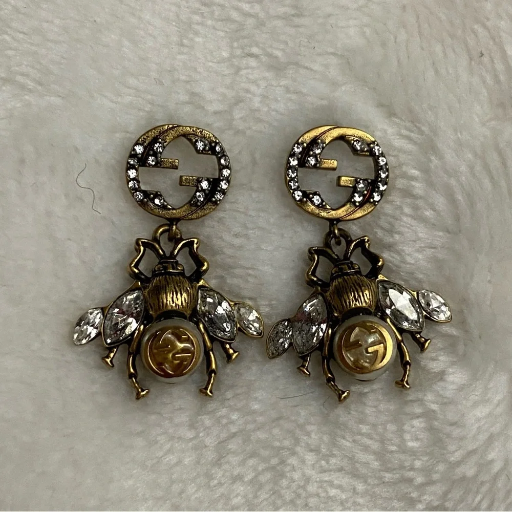 Gucci Interlocking “G”- Bee Dangle Earrings- Crystal and faux Pearl - Picture 2 of 6